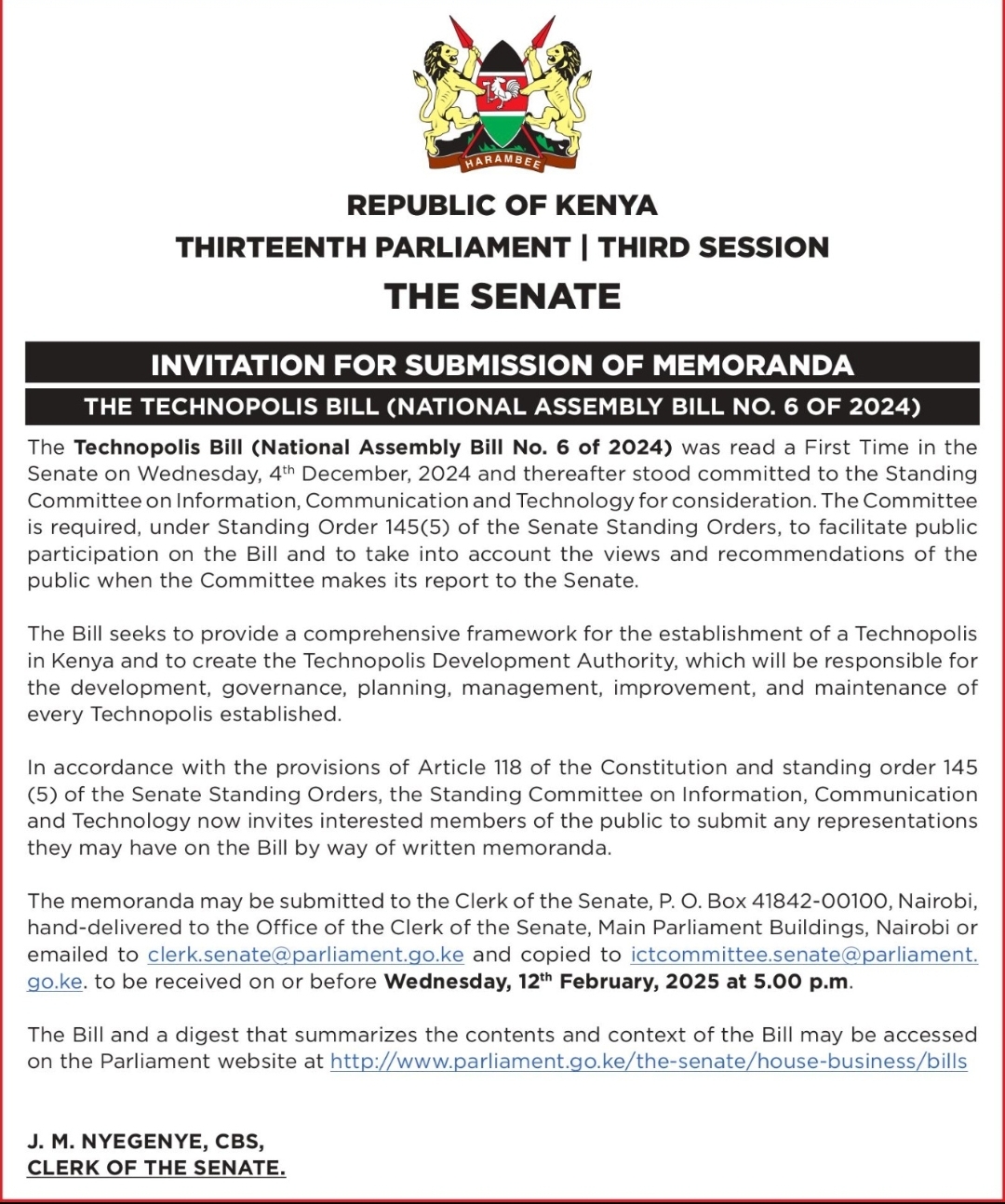 INVITATION FOR SUBMISSION OF MEMORANDA: THE TECHNOPOLIS BILL ( NATIONAL ASSEMBLY BILL NO. 6 OF 2024)