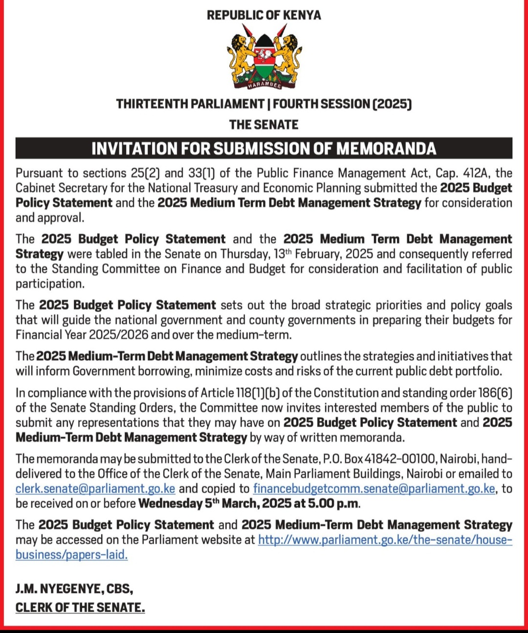 INVITATION FOR SUBMISSION OF MEMORANDA 