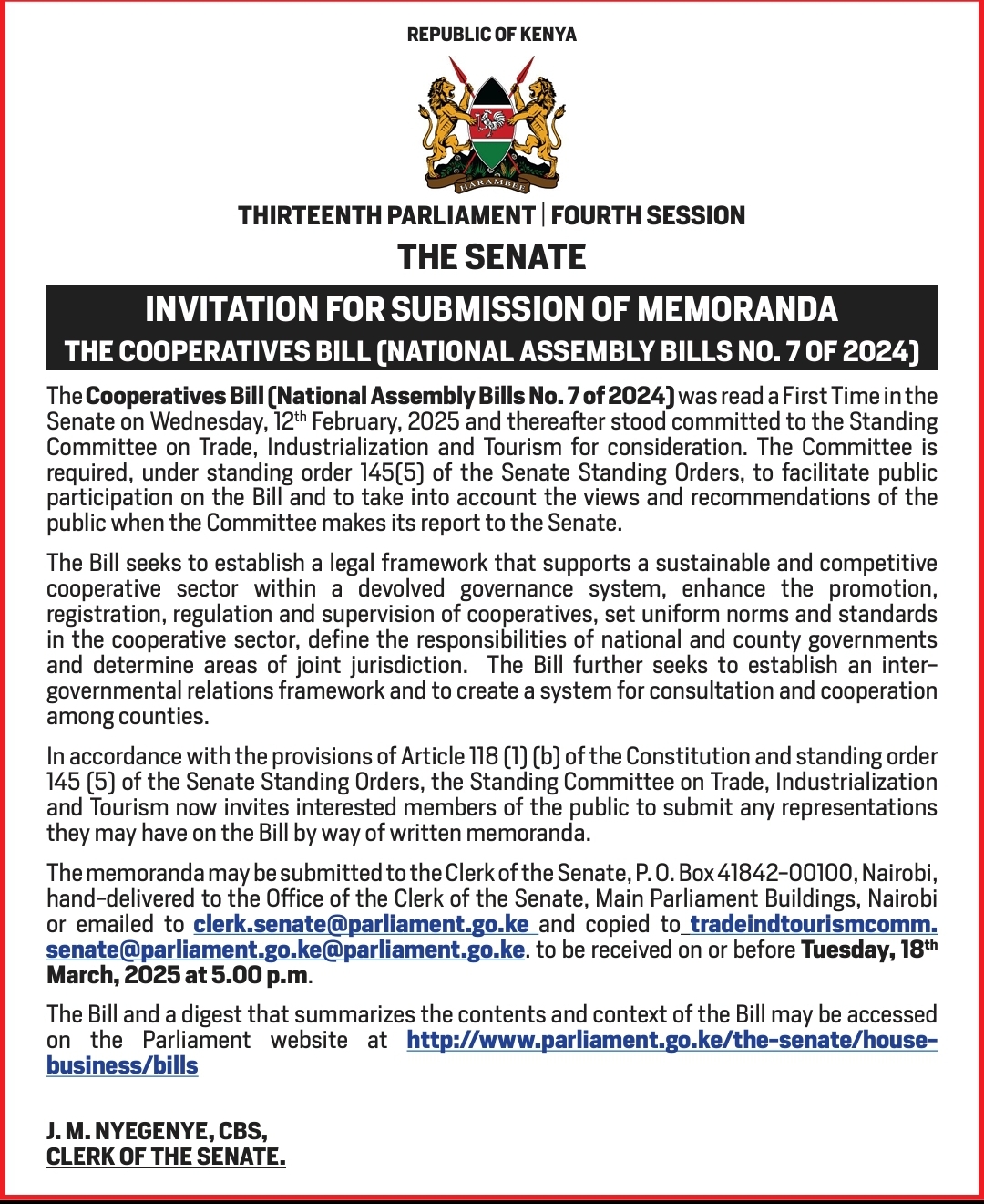 INVITATION FOR SUBMISSION OF MEMORANDA: THE COOPERATIVES BILL ( NATIONAL ASSEMBLY BILL NO. 7 OF 2024)