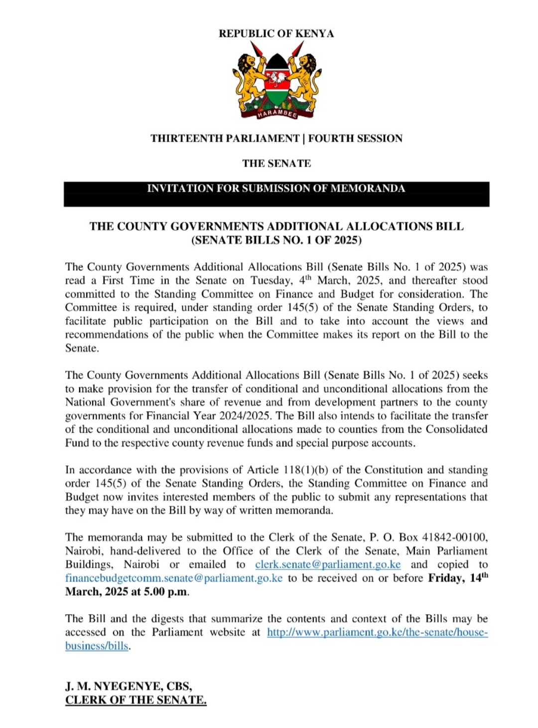 INVITATION FOR SUBMISSION OF MEMORANDA 