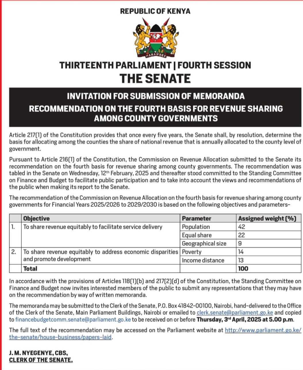 INVITATION FOR SUBMISSION OF MEMORANDA 