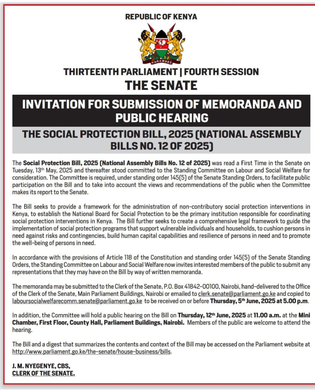 INVITATION FOR SUBMISSION OF MEMORANDA AND PUBLIC HEARING 