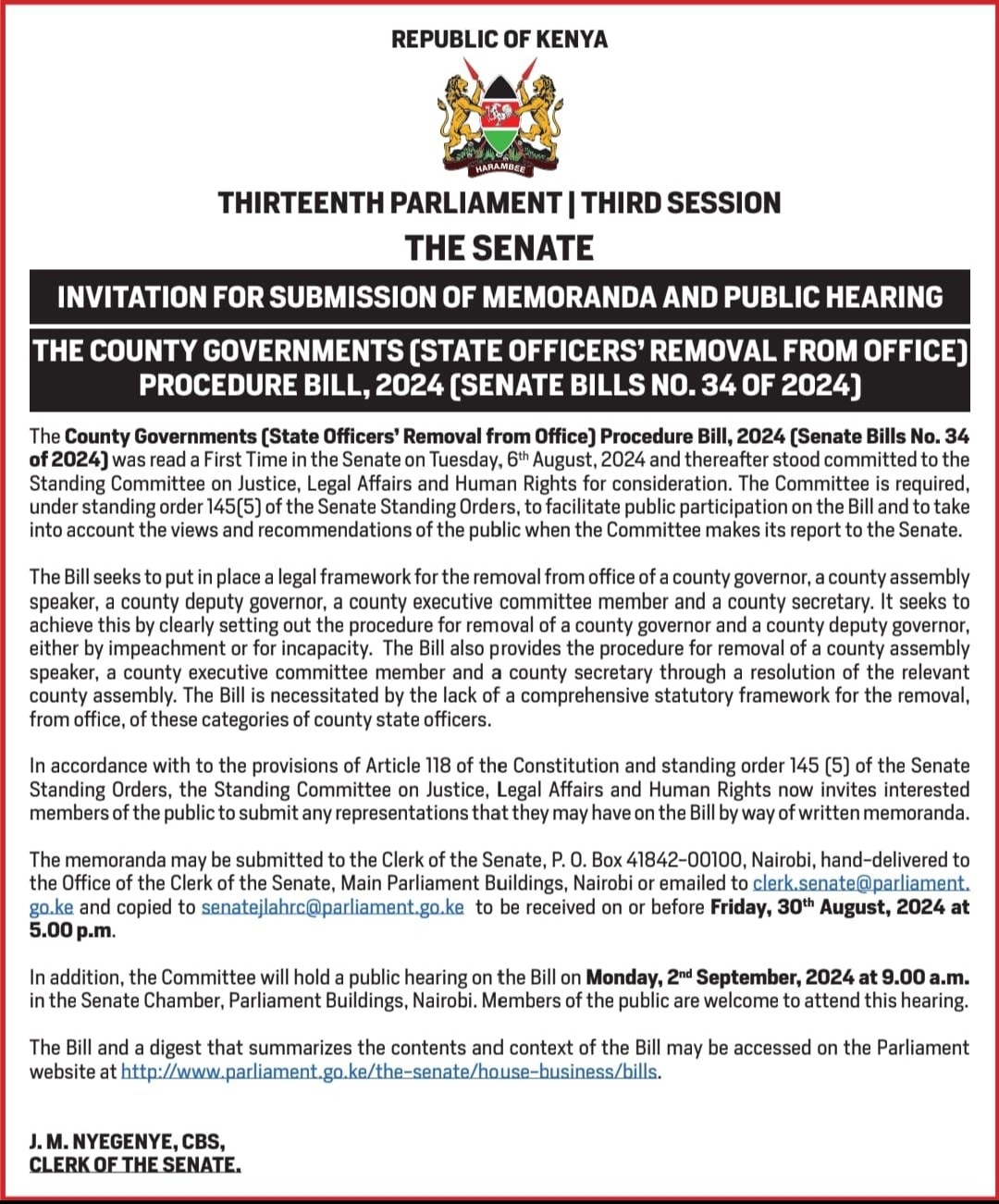 INVITATION FOR SUBMISSION OF MEMORANDA AND PUBLIC HEARING