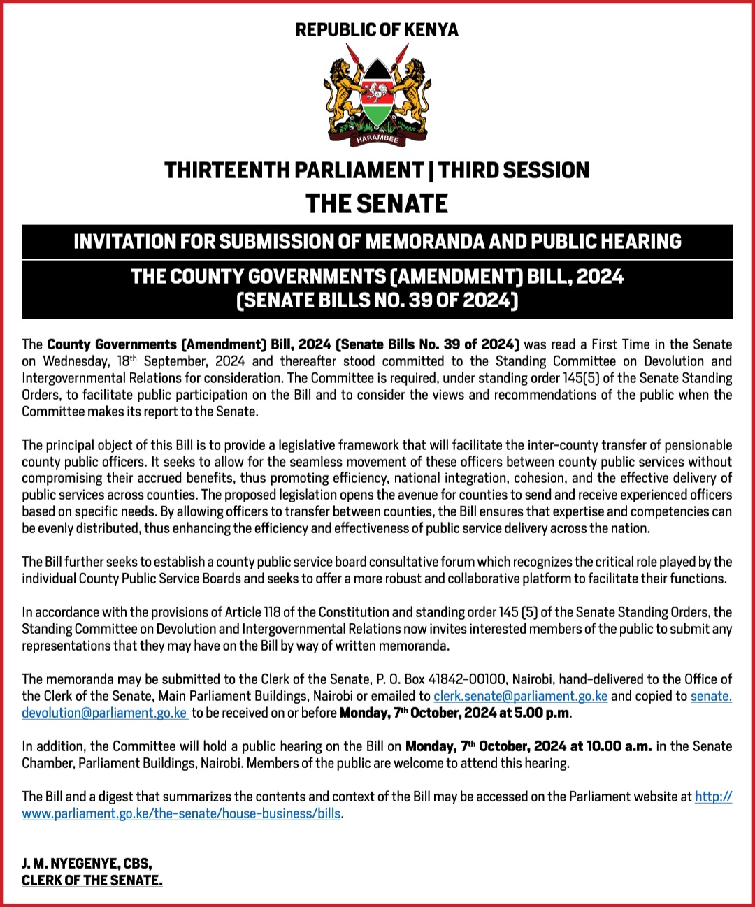 INVITATION FOR SUBMISSION OF MEMORANDA AND PUBLIC HEARING: THE COUNTY GOVERNMENTS ( AMENDMENT) BILL, 2024