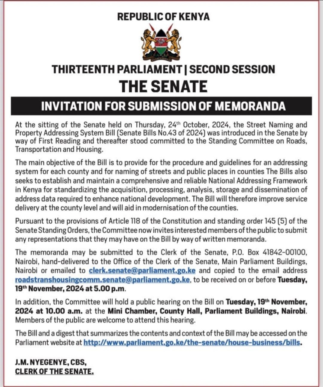 INVITATION FOR SUBMISSION OF MEMORANDA 