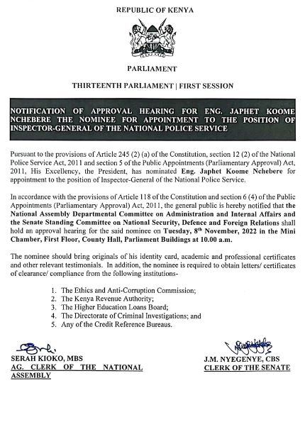 NOTIFICATION OF APPROVAL HEARING FOR NOMINEE TO THE POSITION OF INSPECTOR GEN. NATIONAL POLICE SERVICE