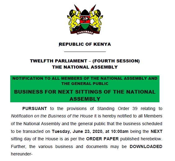NOTIFICATION TO ALL MEMBERS OF THE NATIONAL ASSEMBLY AND THE GENERAL PUBLIC BUSINESS FOR NEXT SITTINGS OF THE NATIONAL ASSEMBLY