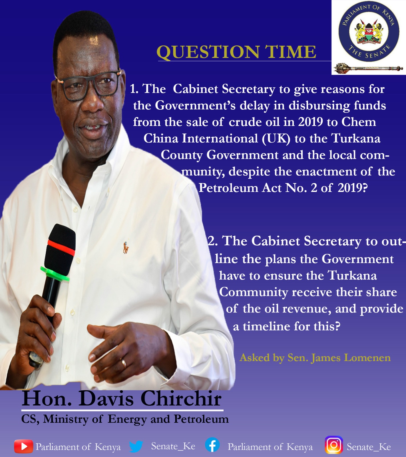 Cabinet Secretary for Energy will appear before the Senate tomorrow to answer questions in regards to his Ministry #QuestionTime