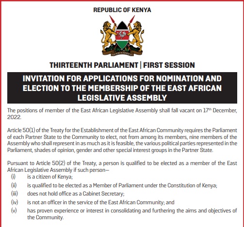 INVITATION FOR APPLICATIONS FOR NOMINATION AND  ELECTION TO THE MEMBERSHIP OF THE EAST AFRICAN  LEGISLATIVE ASSEMBLY