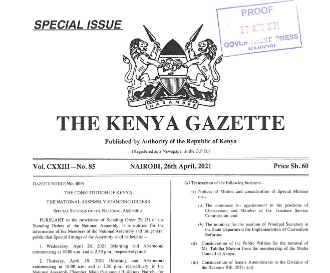 Kenya Gazette Notice - National Assembly Special Sitting April, 2021
