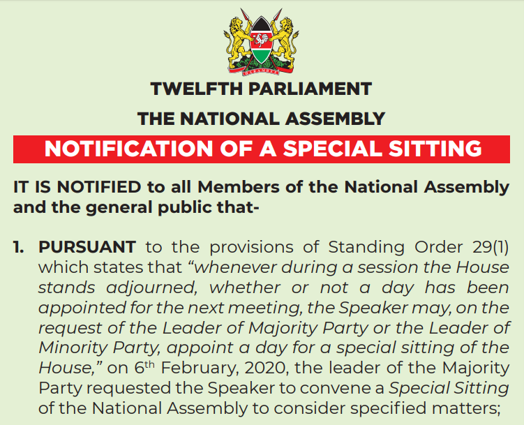 Notification of a Special Sitting of The National Assembly on Monday, February 10th, 2020
