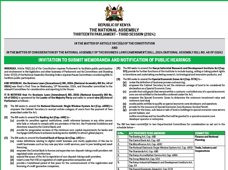  MEMORANDA ON THE BUSINESS LAWS (AMENDMENT) BILL, 2024 (NATIONAL ASSEMBLY BILL NO. 49 OF 2024)