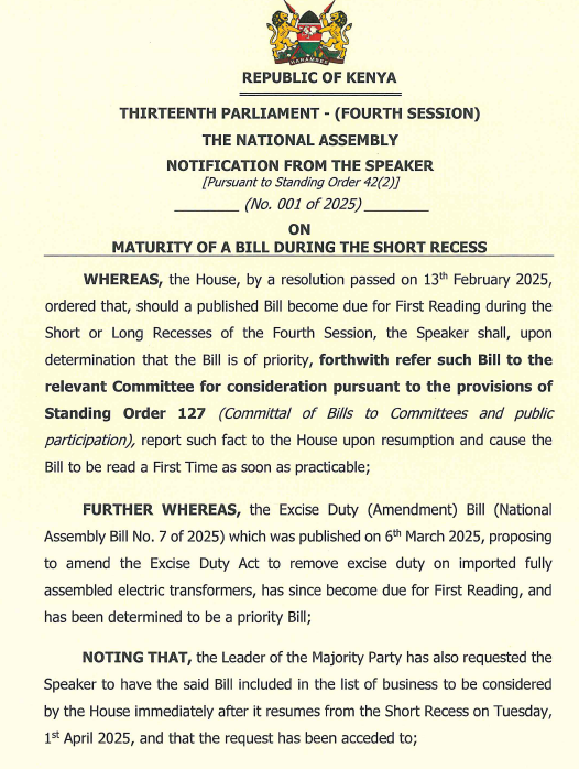 Notification from the Chair No. 1 of 2025 on Maturity of a Bill During the Short Recess