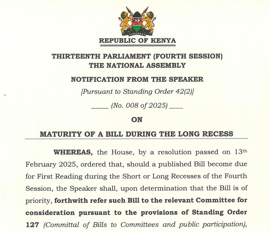 Notification on maturity of Finance Bill 2025.