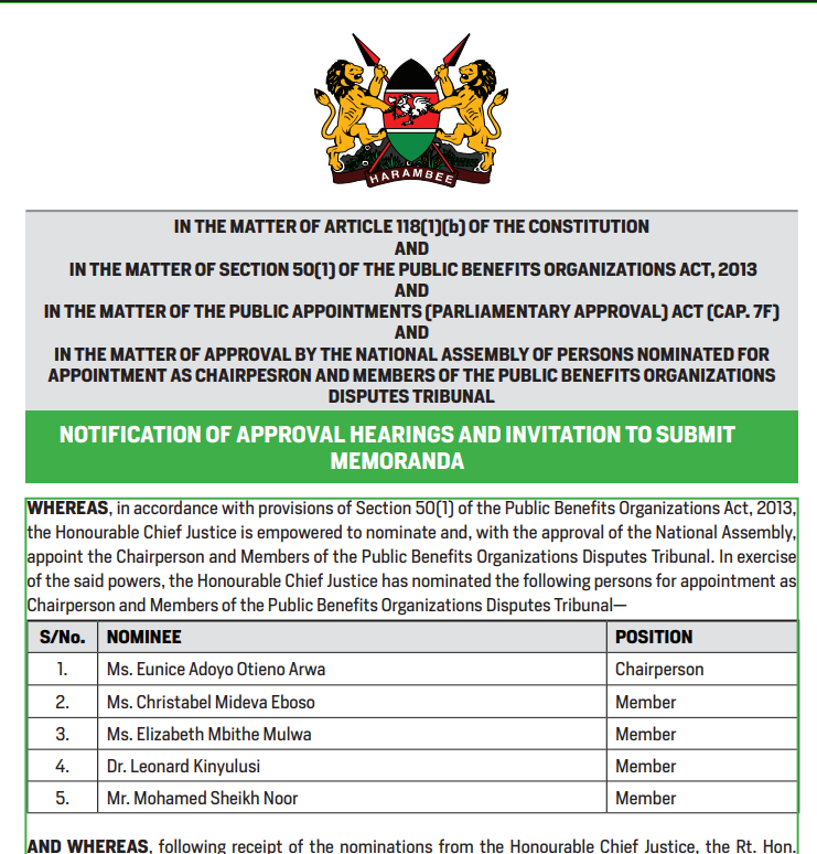 NOTIFICATION OF APPROVAL HEARINGS AND INVITATION TO SUBMIT MEMORANDA