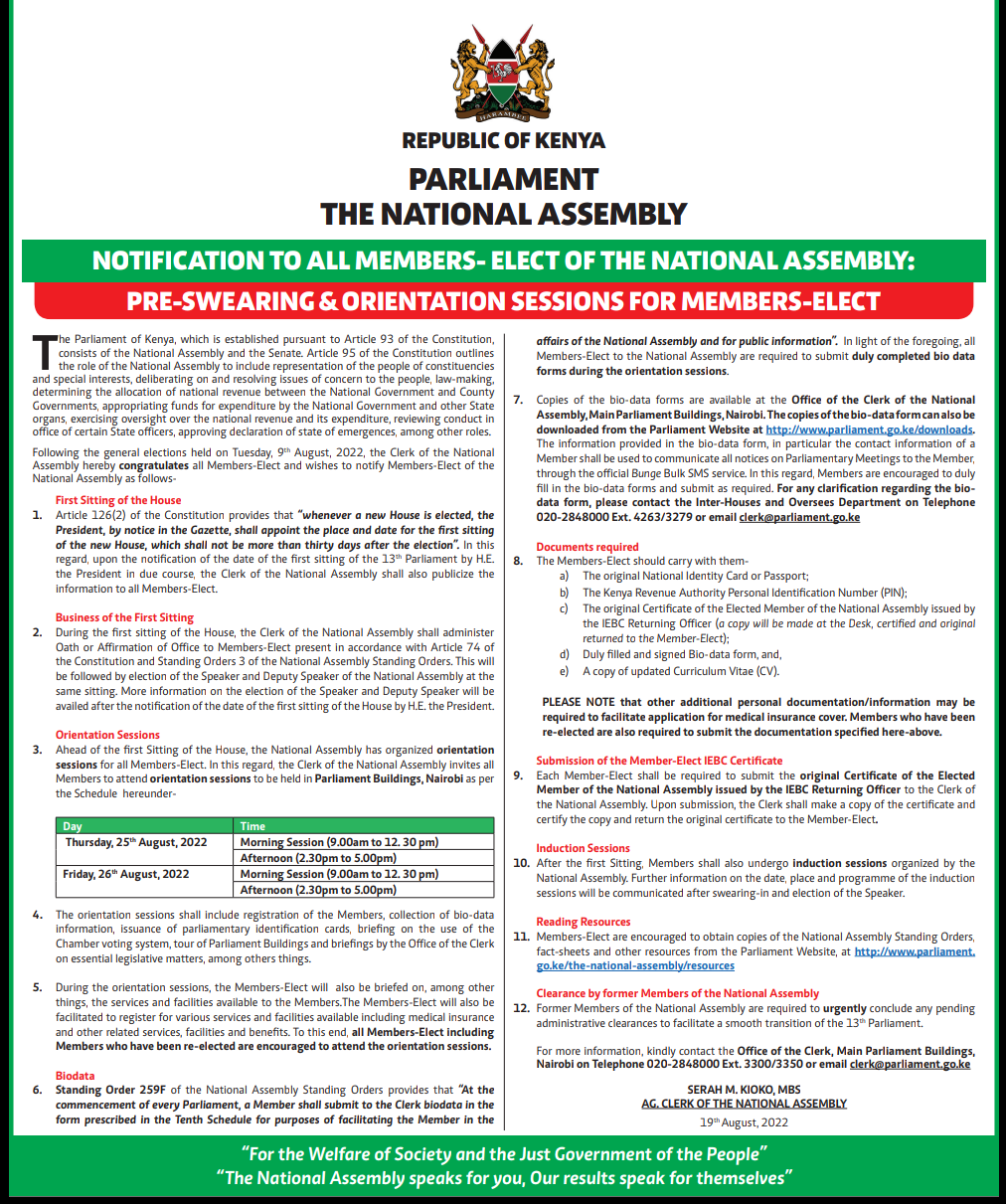 NOTIFICATION TO ALL MEMBERS- ELECT OF THE NATIONAL ASSEMBLY