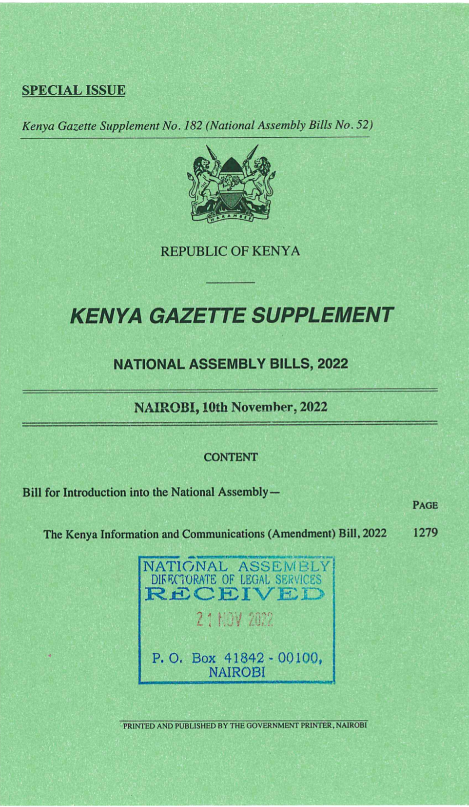 Kenya Information and Communication (Amendment)Bill,2022(National Assembly Bill No.52 of 2022)