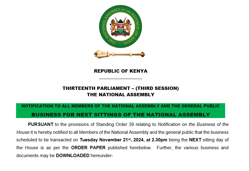 NOTIFICATION TO ALL MEMBERS OF THE NATIONAL ASSEMBLY AND THE GENERAL PUBLIC 