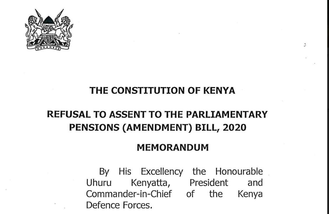 Memorandum from H. E. the President on Refusal to Assent to the Parliamentary Pensions (Amendment) Bill, 2019