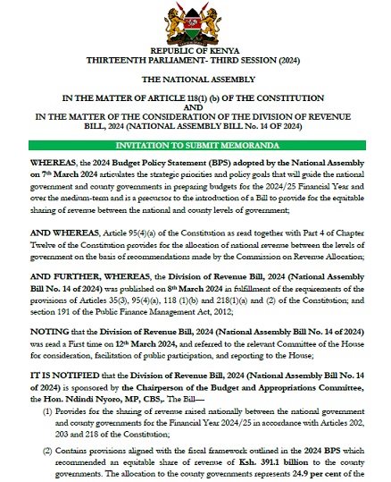 INVITATION TO SUBMIT MEMORANDA IN THE MATTER OF THE CONSIDERATION OF THE DIVISION OF REVENUE BILL, 2024 (NATIONAL ASSEMBLY BILL No. 14 OF 2024)