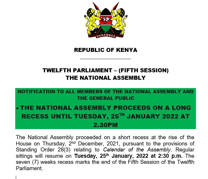 NOTIFICATION TO ALL MEMBERS OF THE NATIONAL ASSEMBLY AND THE GENERAL PUBLIC