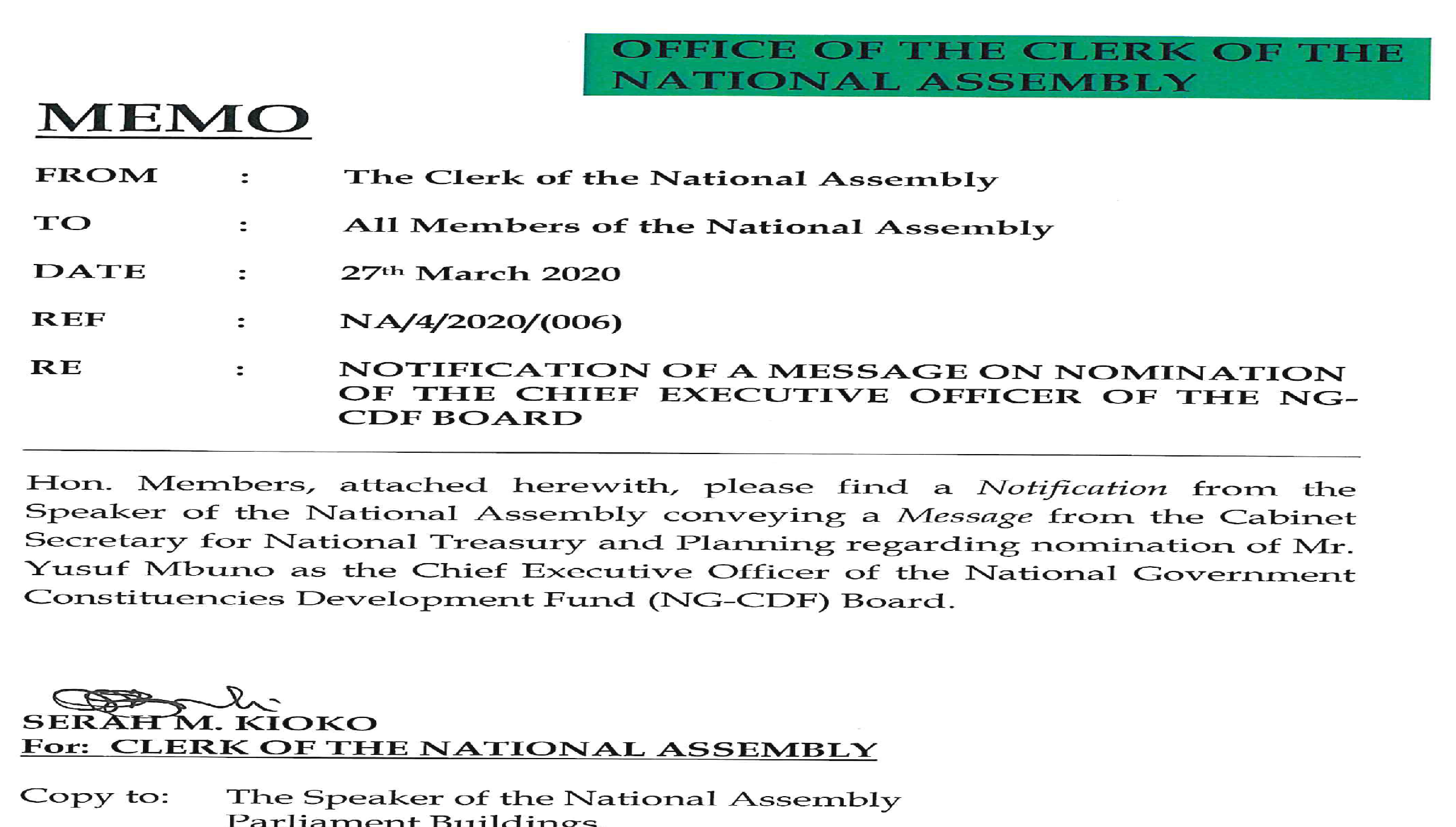 NOTIFICATION OF A MESSAGE ON NOMINATION OF THE CHIEF EXECUTIVE OFFICER OF THE NG-CDF BOARD