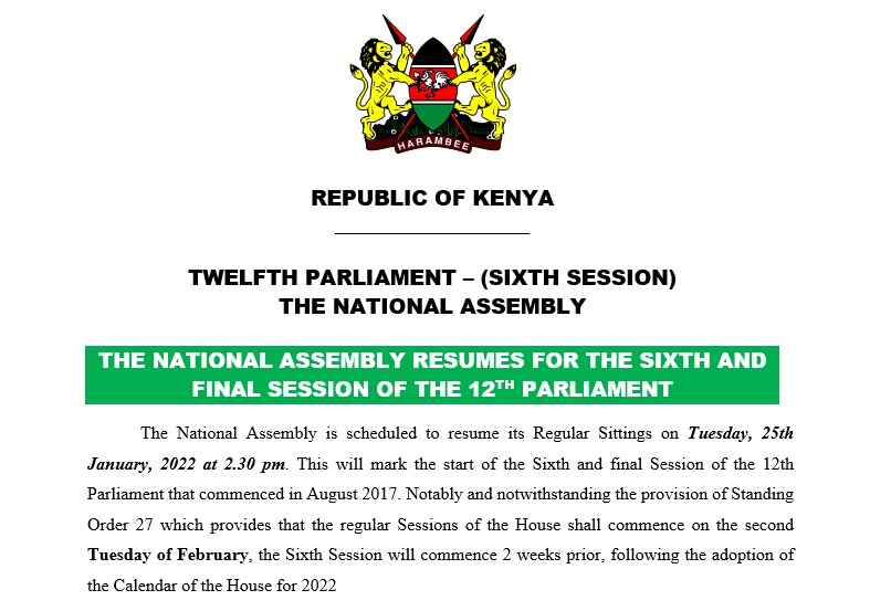 THE NATIONAL ASSEMBLY RESUMES FOR THE SIXTH AND FINAL SESSION OF THE 12TH PARLIAMENT