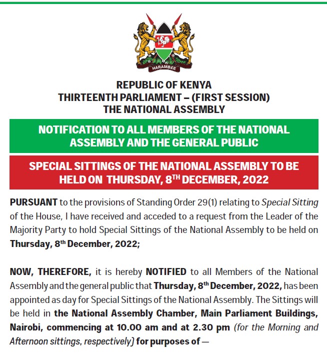 NOTIFICATION TO ALL MEMBERS OF THE NATIONAL ASSEMBLY AND THE GENERAL PUBLIC 