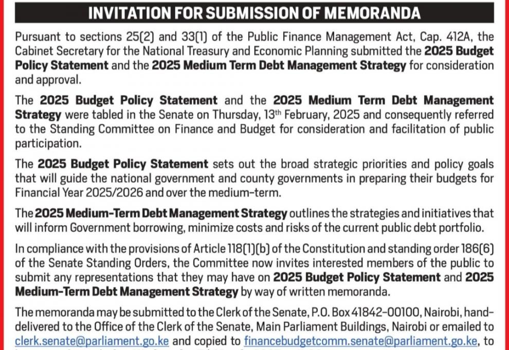 INVITATION FOR SUBMISSION OF MEMORANDA 