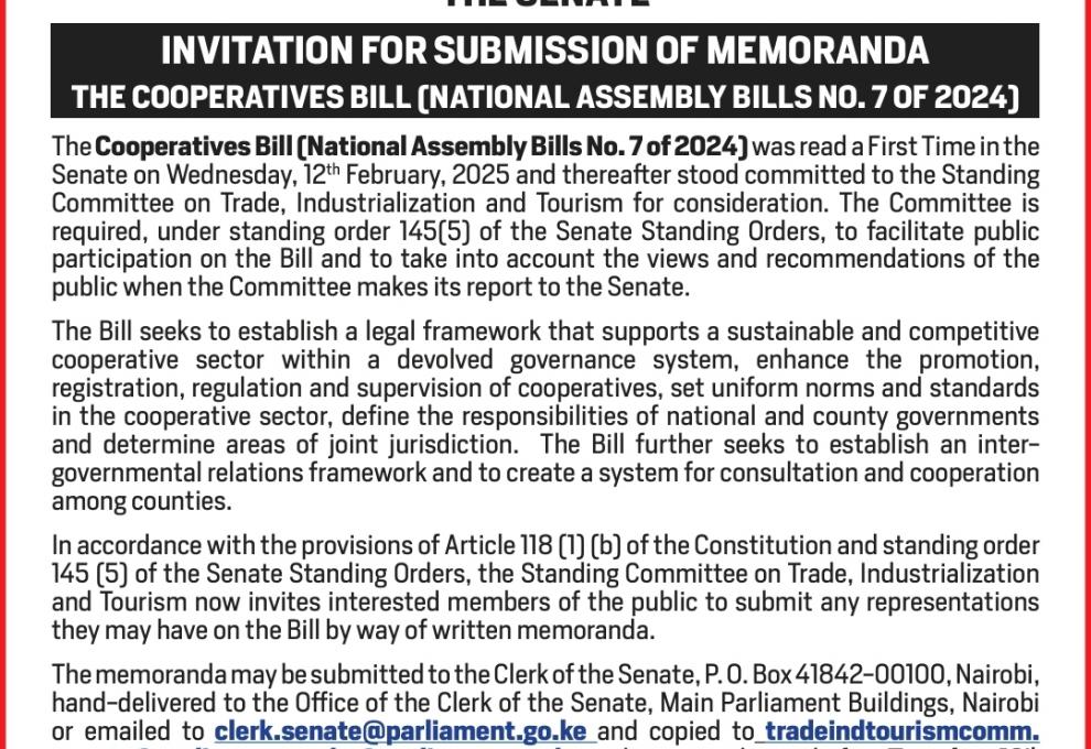 INVITATION FOR SUBMISSION OF MEMORANDA: THE COOPERATIVES BILL ( NATIONAL ASSEMBLY BILL NO. 7 OF 2024)