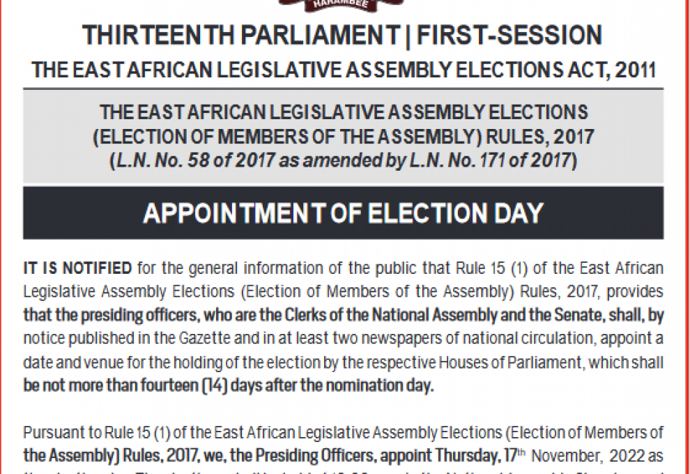  Thursday 17th November, as Election Day of Members to EALA