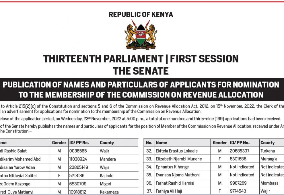List of Applicants for Nomination to the Membership of the Commission on Revenue Allocation