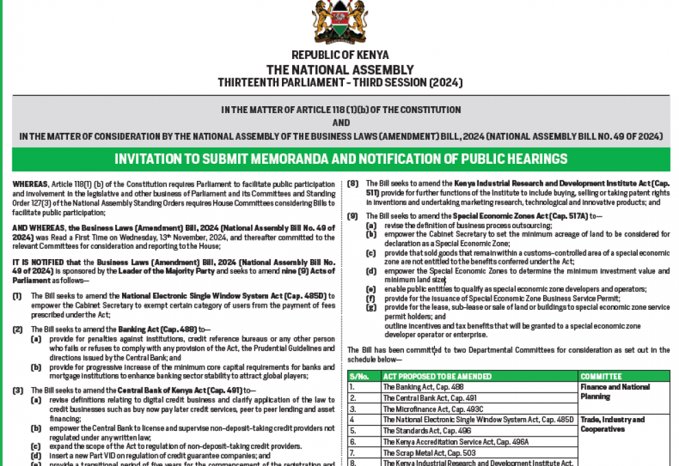  MEMORANDA ON THE BUSINESS LAWS (AMENDMENT) BILL, 2024 (NATIONAL ASSEMBLY BILL NO. 49 OF 2024)