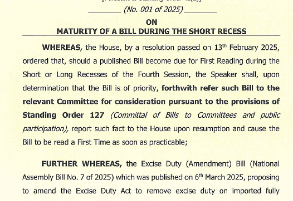 Notification from the Chair No. 1 of 2025 on Maturity of a Bill During the Short Recess