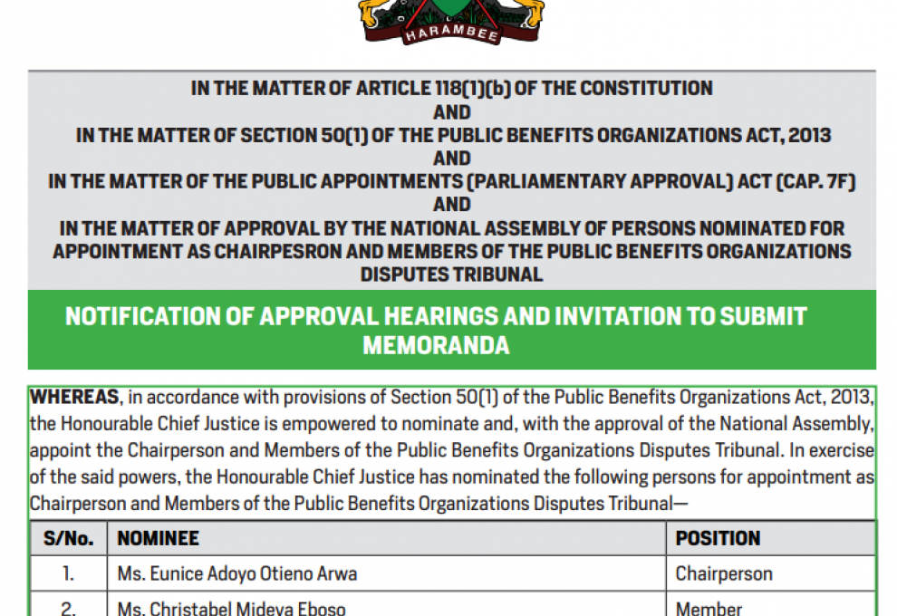 NOTIFICATION OF APPROVAL HEARINGS AND INVITATION TO SUBMIT MEMORANDA