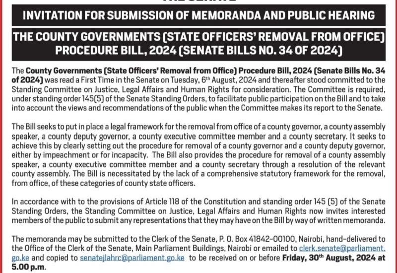 INVITATION FOR SUBMISSION OF MEMORANDA AND PUBLIC HEARING