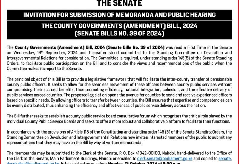 INVITATION FOR SUBMISSION OF MEMORANDA AND PUBLIC HEARING: THE COUNTY GOVERNMENTS ( AMENDMENT) BILL, 2024