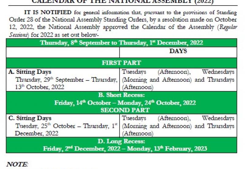 CALENDAR OF THE NATIONAL ASSEMBLY 13TH PARLIAMENT, FIRST SESSION, 2022