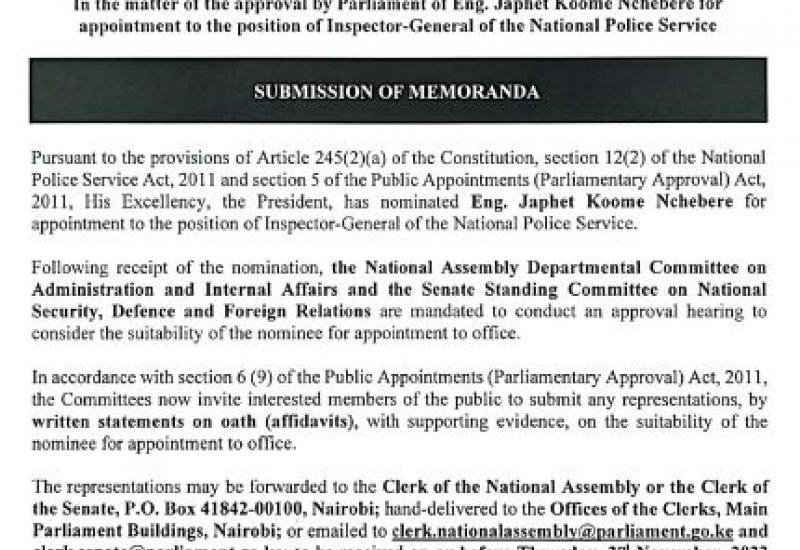 SUBMISSION OF MEMORANDA: - APPOINTMENT OF INSPECTOR GEN. NATIONAL POLICE SERVICE
