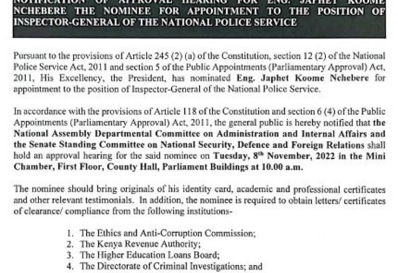 NOTIFICATION OF APPROVAL HEARING FOR NOMINEE TO THE POSITION OF INSPECTOR GEN. NATIONAL POLICE SERVICE