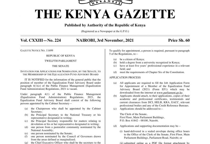 GAZETTE NOTICE NO. 11699 - INVITATION FOR APPLICATIONS FOR NOMINATION, BY THE SENATE, TO THE MEMBERSHIP OF THE EQUALIZATION FUND ADVISORY BOARD