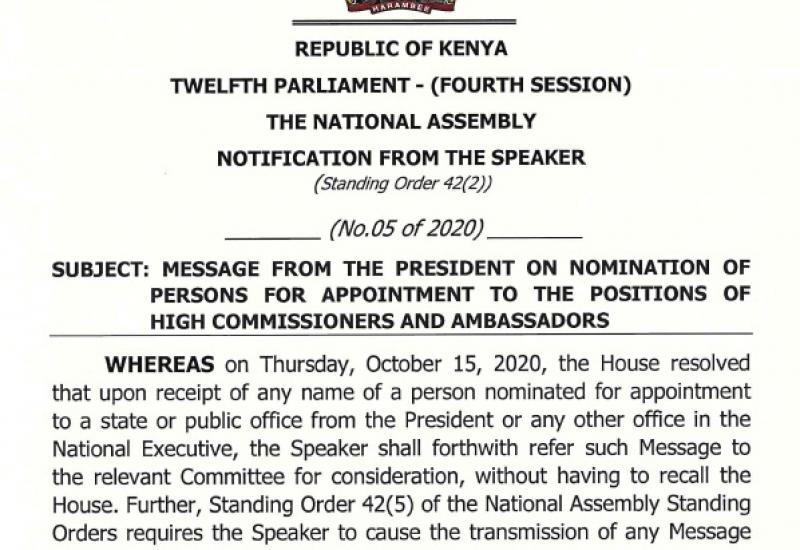 NOTIFICATION ON MESSAGE FROM THE PRESIDENT ON NOMINATION OF HIGH -COMMISSIONERS AND AMBASSADORS 