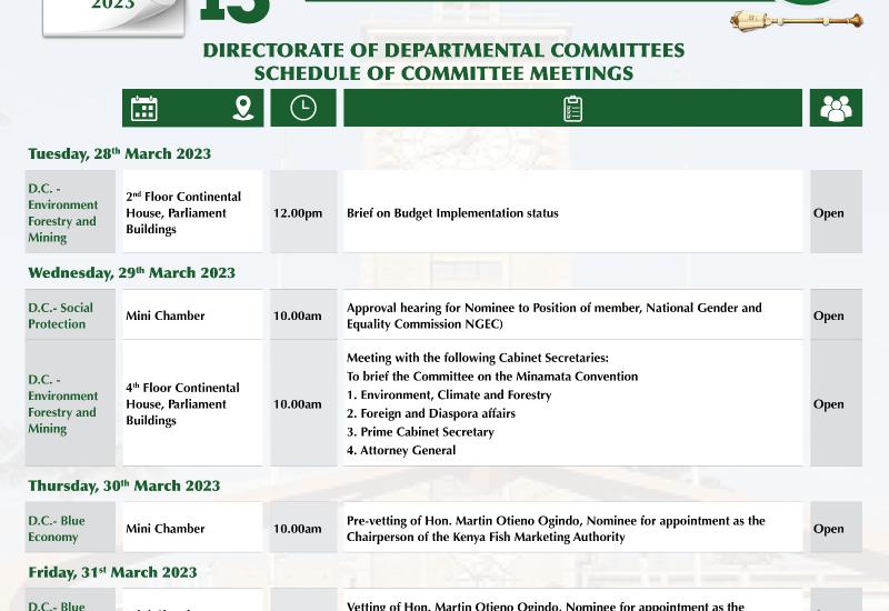 DIRECTORATE OF DEPARTMENTAL COMMITTEES SCHEDULE OF COMMITTEE MEETINGS