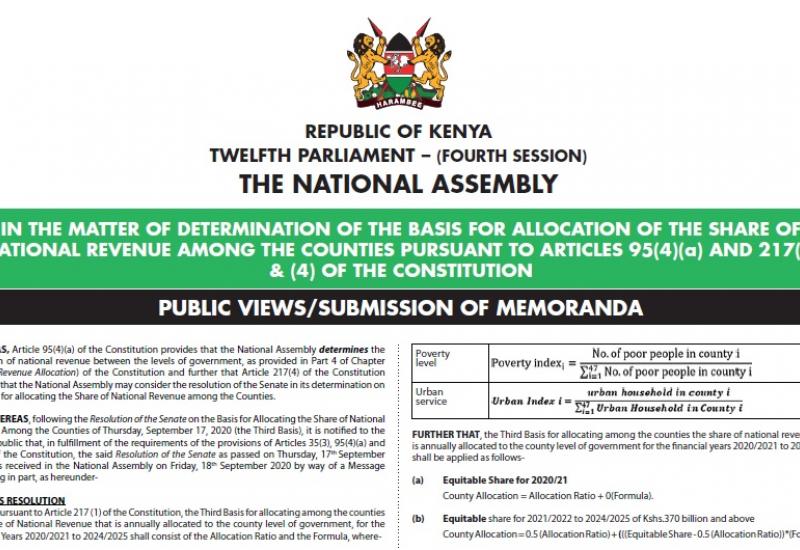 IN THE MATTER OF DETERMINATION OF THE BASIS FOR ALLOCATION OF THE SHARE OF NATIONAL REVENUE AMONG THE COUNTIES PURSUANT TO ARTICLES 95(4)(a) AND 217(3) & (4) OF THE CONSTITUTION