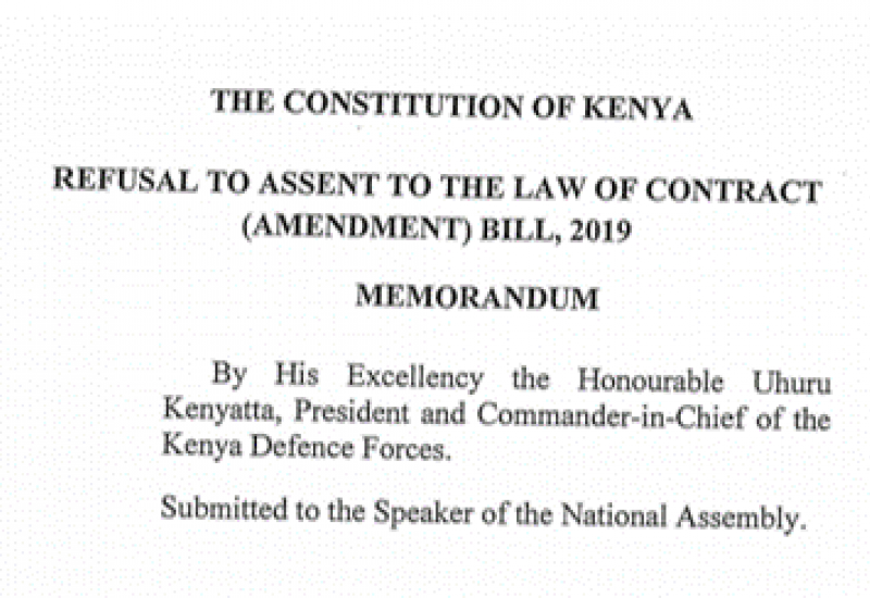 Presidential Memorandum on Law of Contract Amendment Bill, 2019