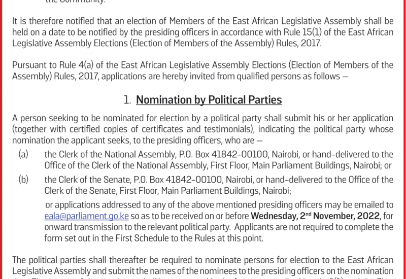 INVITATION FOR APPLICATIONS FOR NOMINATION AND ELECTION TO THE MEMBERSHIP OF THE EAST AFRICA LEGISLATIVE ASSEMBLY ( EALA)