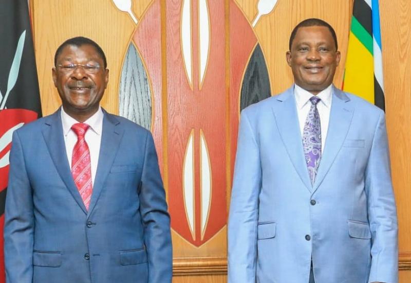 Speaker Moses Wetang’ula with Attorney General, Hon. Justin Muturi during a courtesy visit in his office at Parliament Buildings.  