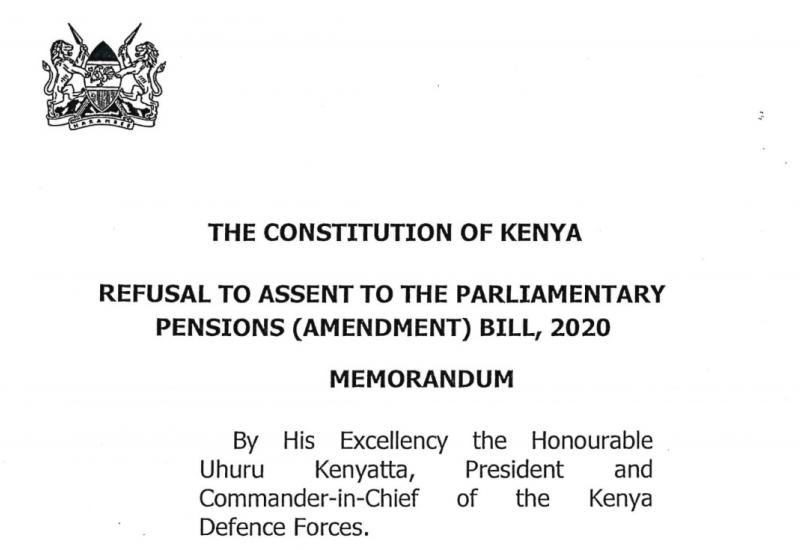 Memorandum from H. E. the President on Refusal to Assent to the Parliamentary Pensions (Amendment) Bill, 2019
