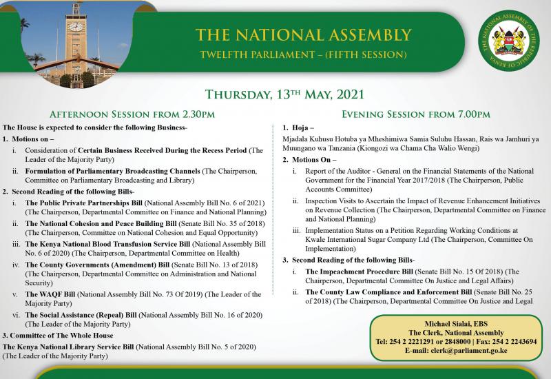 House Business for Thursday, 13th May, 2021, Afternoon and Evening Sessions
