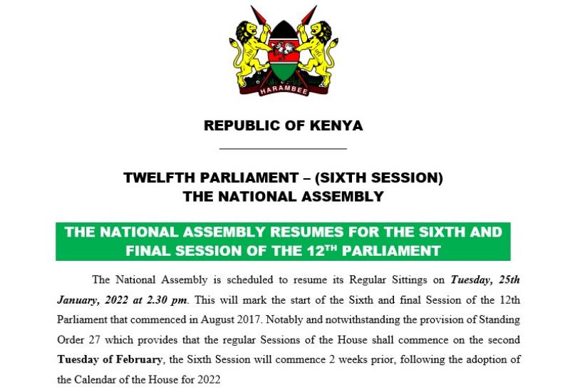 THE NATIONAL ASSEMBLY RESUMES FOR THE SIXTH AND FINAL SESSION OF THE 12TH PARLIAMENT